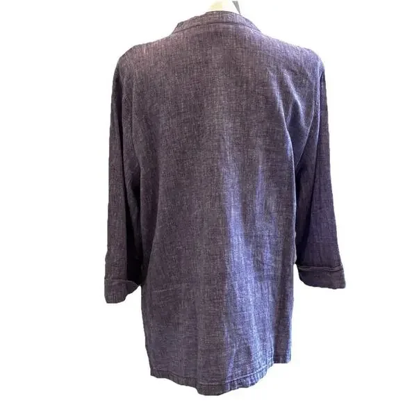 Kim Rogers Purple Button Up Top V Neck Blouse Tunic Linen Cotton XL Lavender - Picture 3 of 5